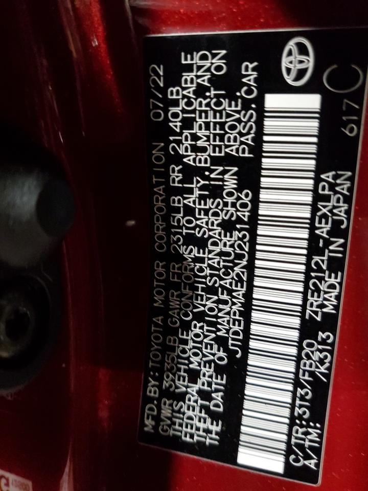 2022 TOYOTA COROLLA LE VIN:JTDEPMAE2NJ231406