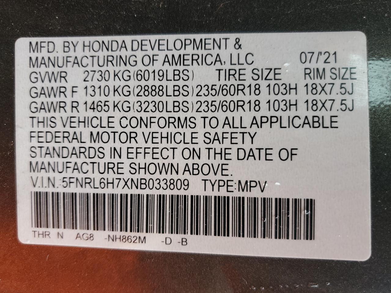 2022 HONDA ODYSSEY EXL VIN:5FNRL6H7XNB033809