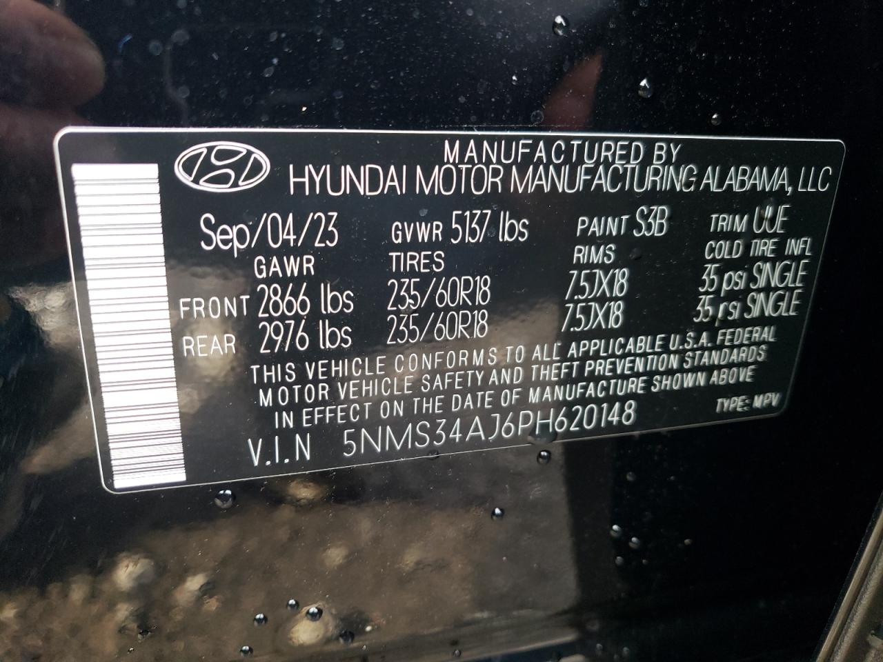 2023 HYUNDAI SANTA FE SEL PREMIUM VIN:5NMS34AJ6PH620148