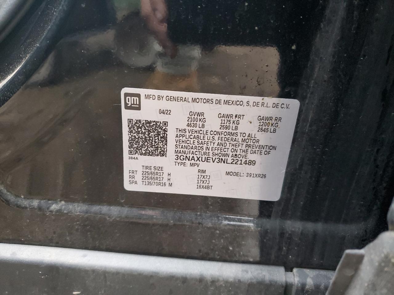 2022 CHEVROLET EQUINOX LT VIN:3GNAXUEV3NL221489