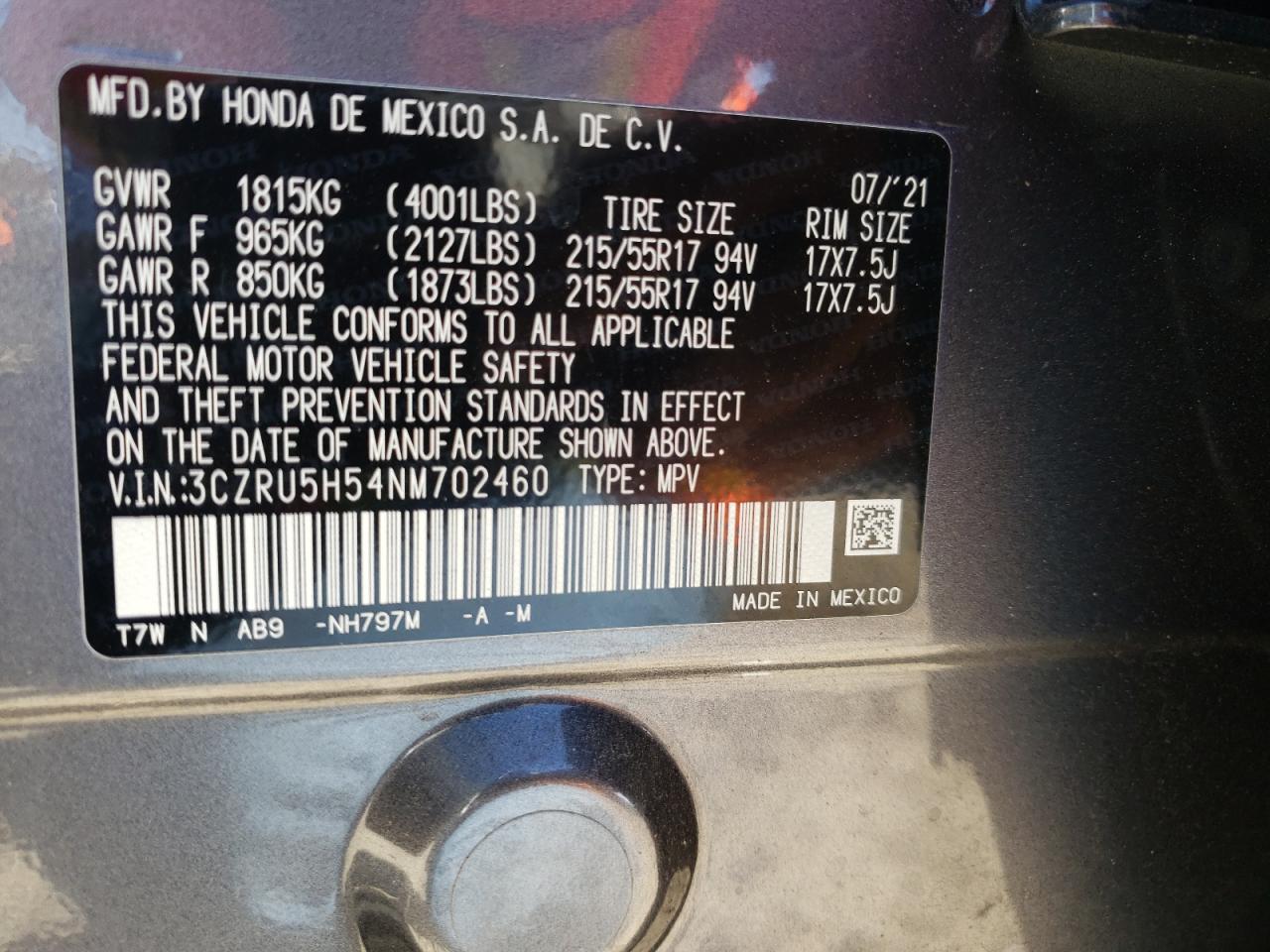 2022 HONDA HR-V EX VIN:3CZRU5H54NM702460