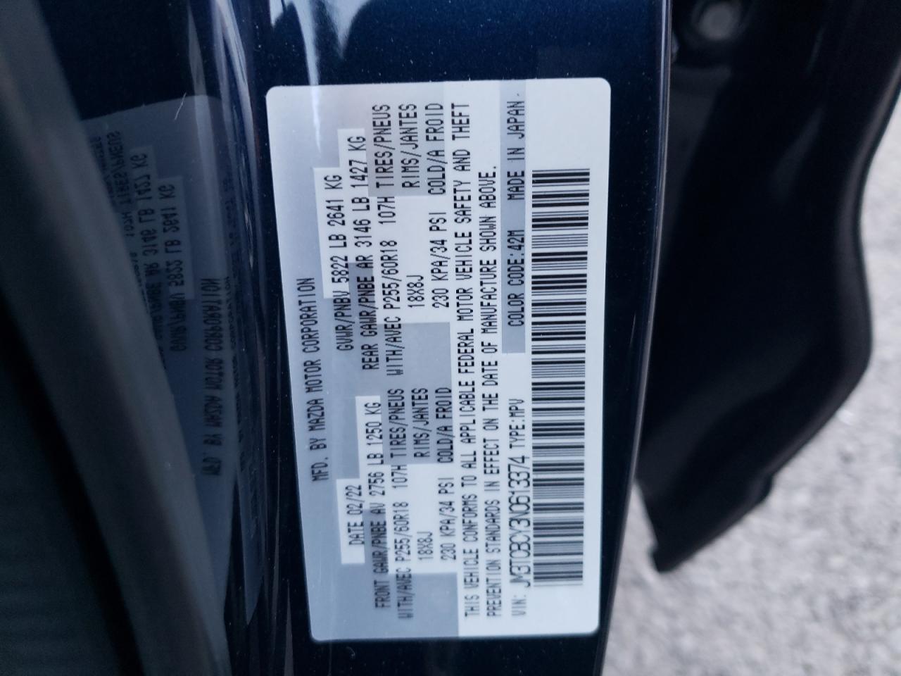 2022 MAZDA CX-9 TOURING VIN:JM3TCBCY3N0613374