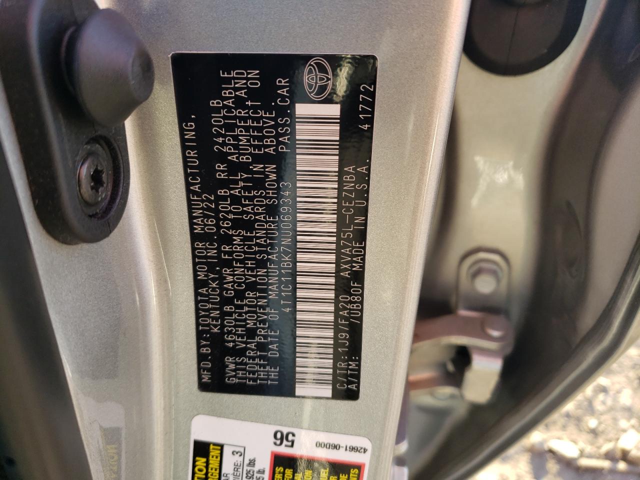 2022 TOYOTA CAMRY LE VIN:4T1C11BK7NU069343