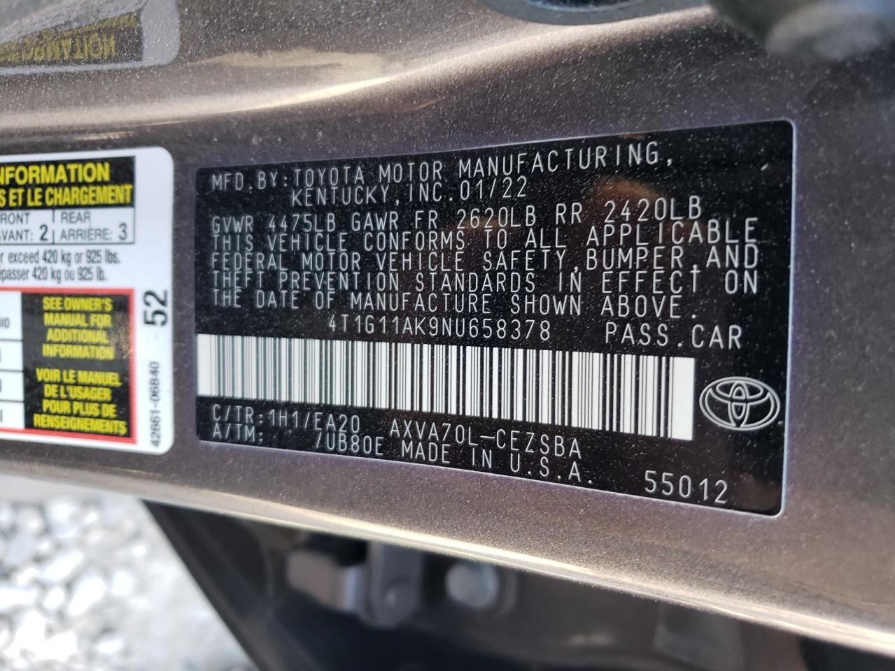 2022 TOYOTA CAMRY SE VIN:4T1G11AK9NU658378