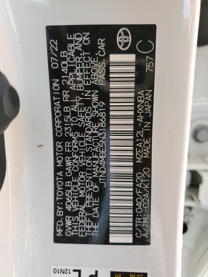 2022 TOYOTA COROLLA SE VIN:JTND4MBE5N3186819