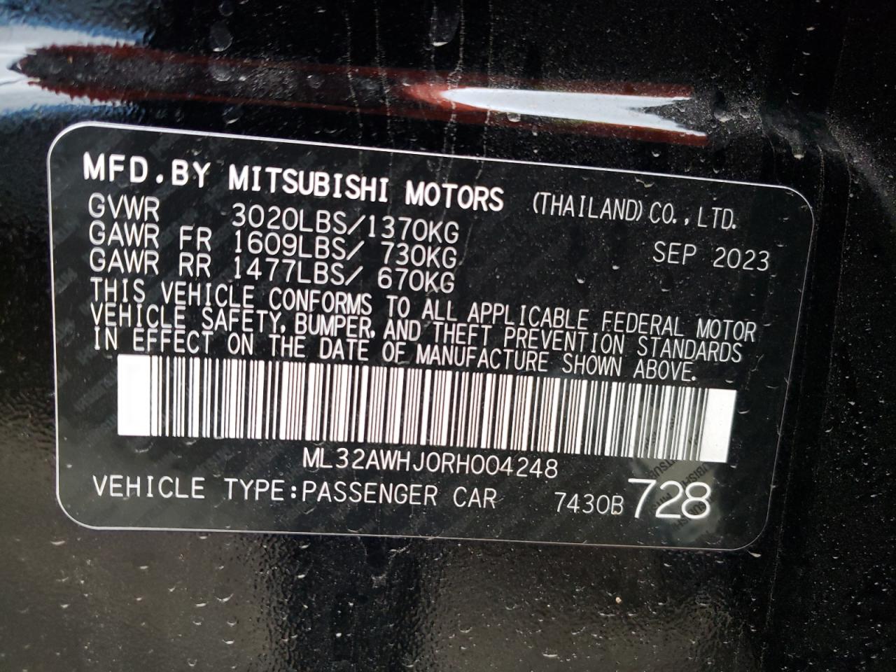 2024 MITSUBISHI MIRAGE SE VIN:ML32AWHJ0RH004248