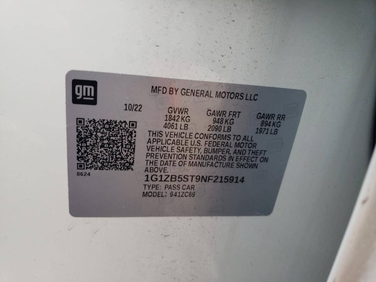 2022 CHEVROLET MALIBU LS VIN:1G1ZB5ST9NF215914