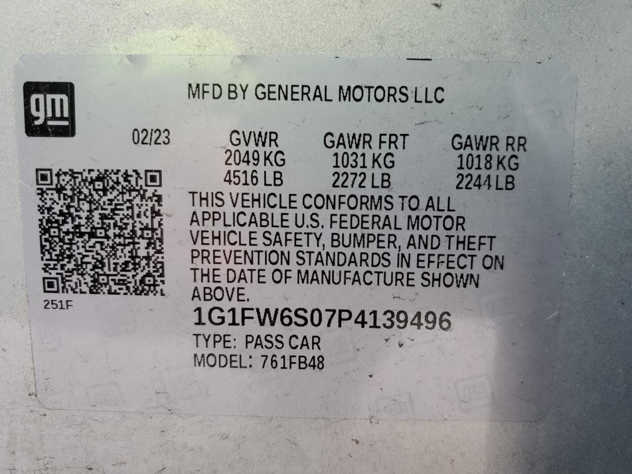 2023 CHEVROLET BOLT EV 1LT VIN:1G1FW6S07P4139496