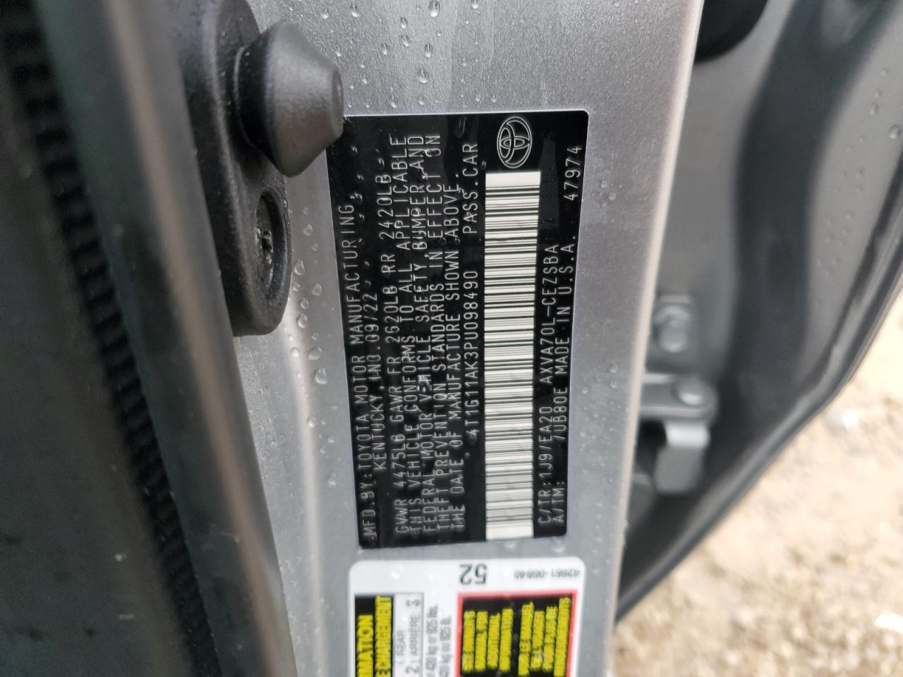 2023 TOYOTA CAMRY SE NIGHT SHADE VIN:4T1G11AK3PU098490