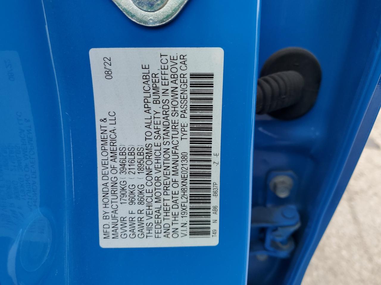 2022 HONDA CIVIC SPORT VIN:19XFL2H8XNE021380