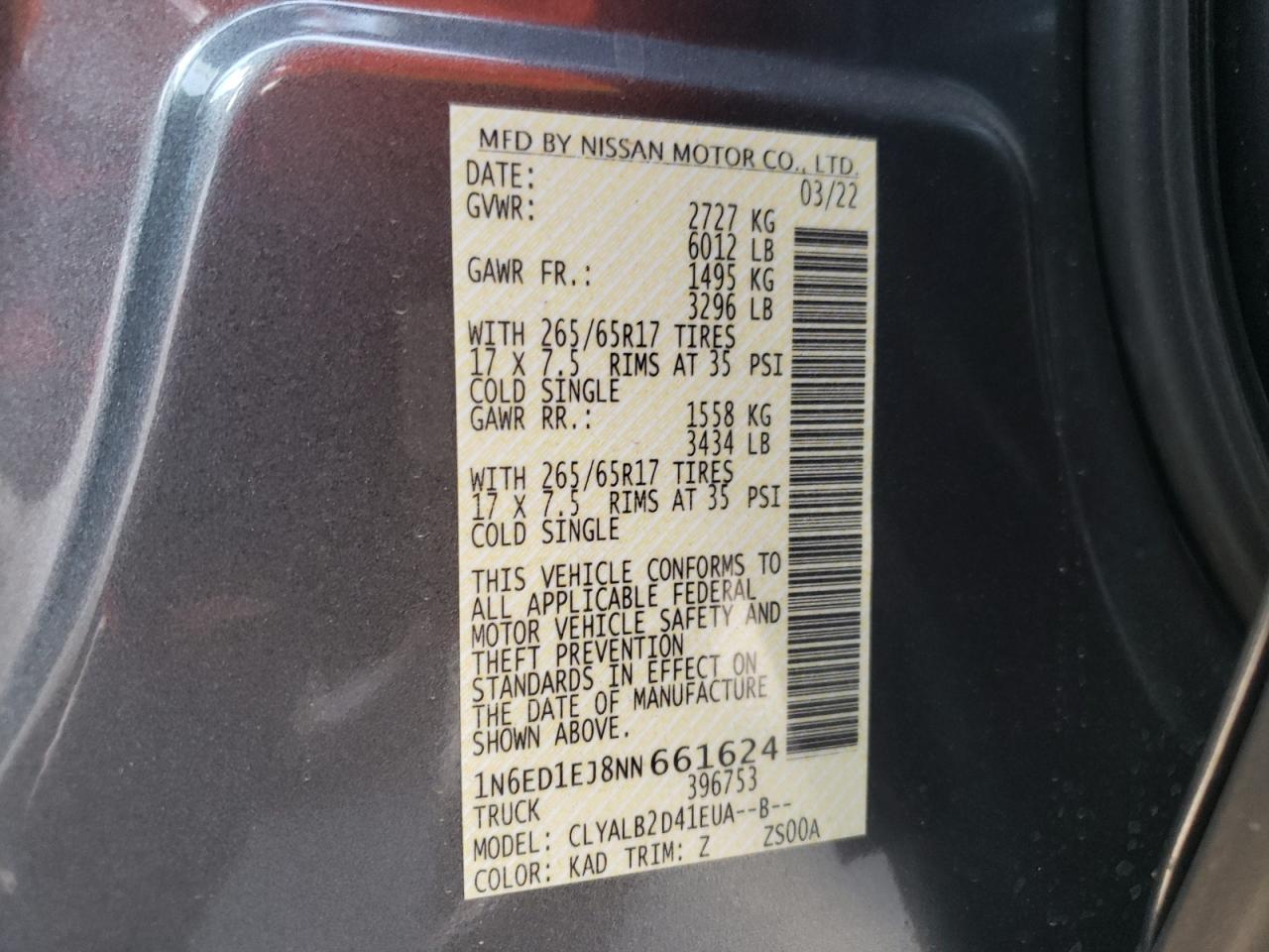 2022 NISSAN FRONTIER S VIN:1N6ED1EJ8NN661624