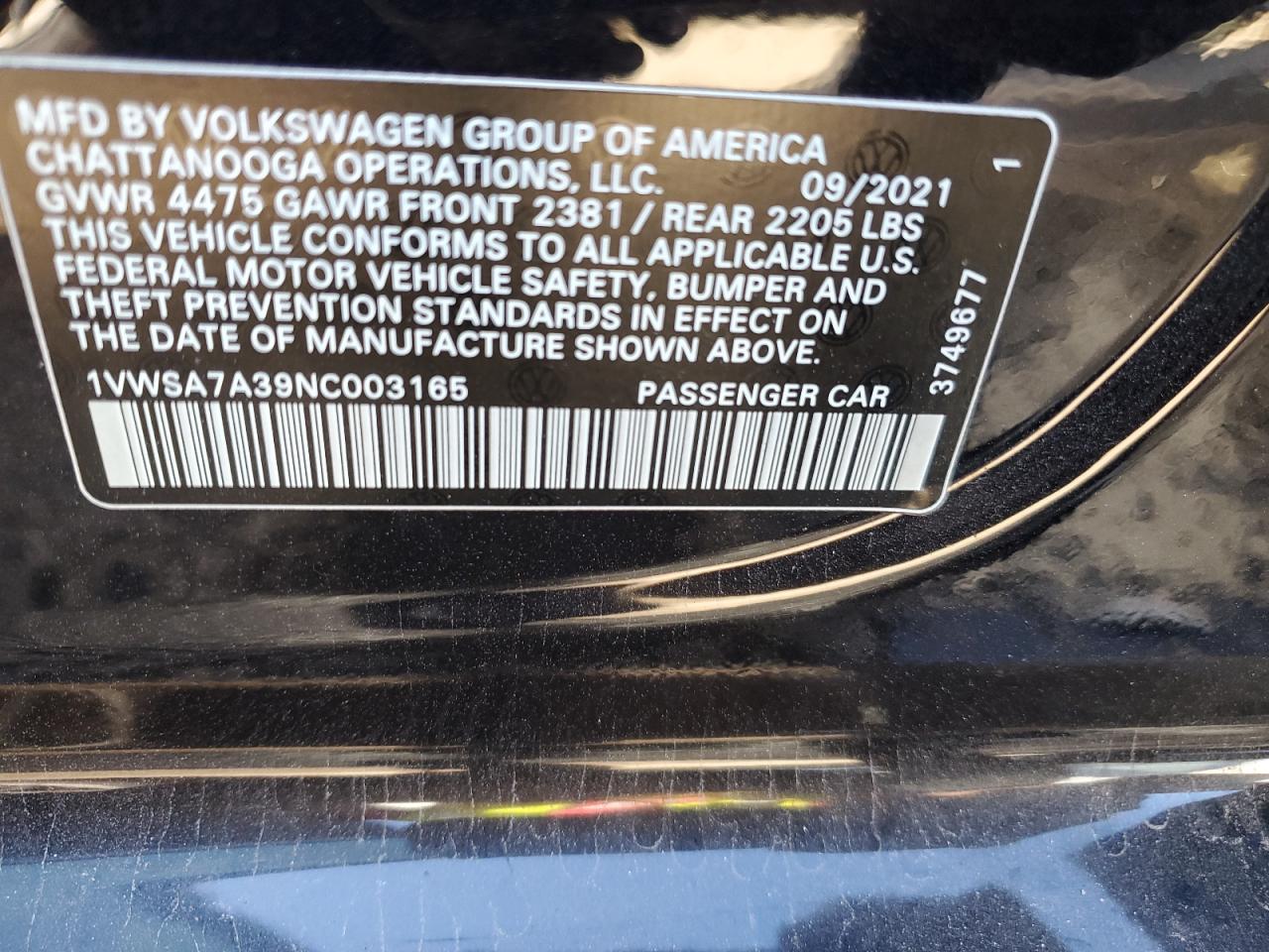 2022 VOLKSWAGEN PASSAT SE VIN:1VWSA7A39NC003165