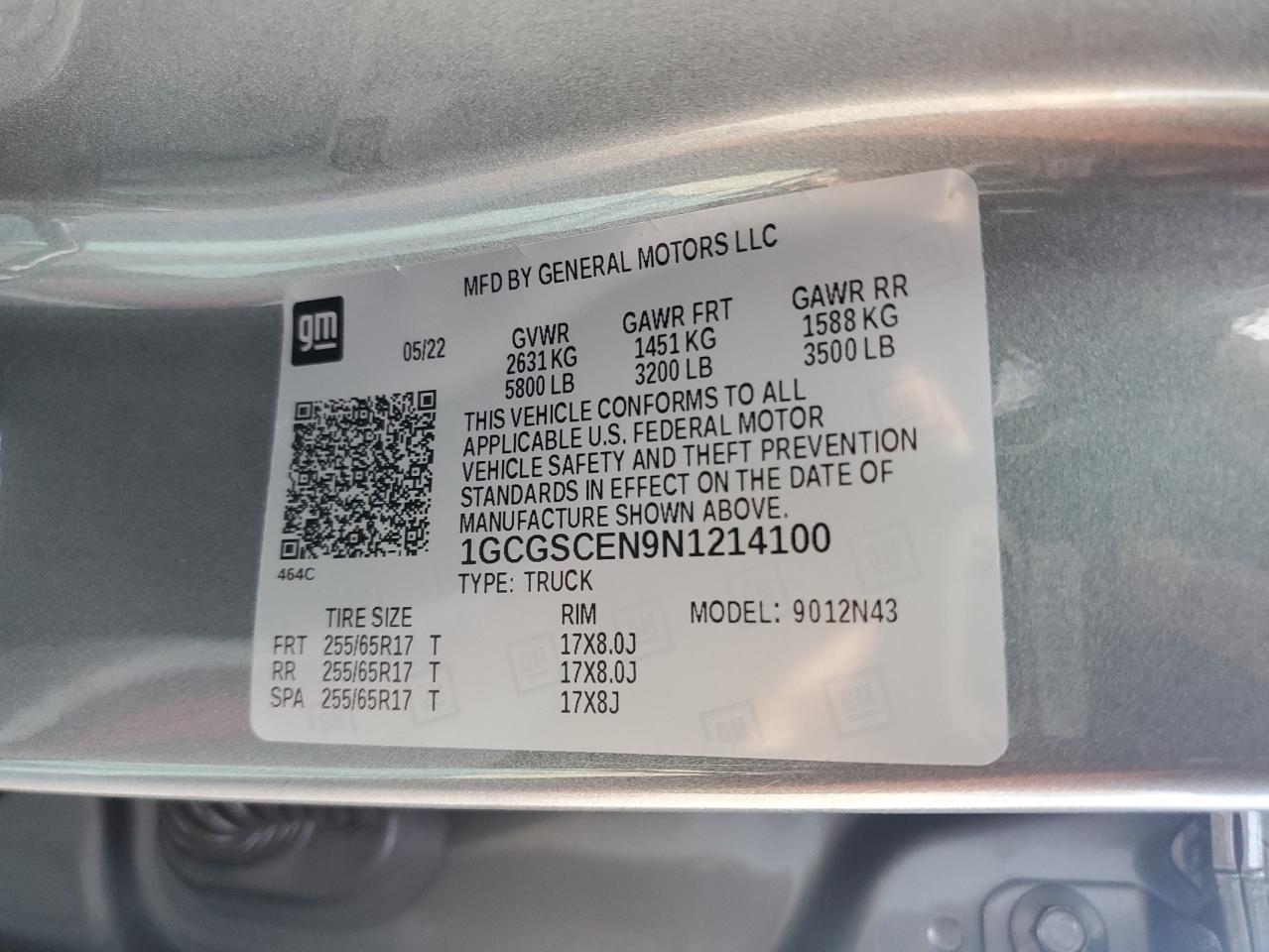 2022 CHEVROLET COLORADO LT VIN:1GCGSCEN9N1214100