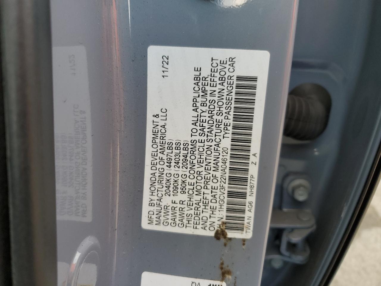 2022 HONDA ACCORD HYBRID SPORT VIN:1HGCV3F22NA046120