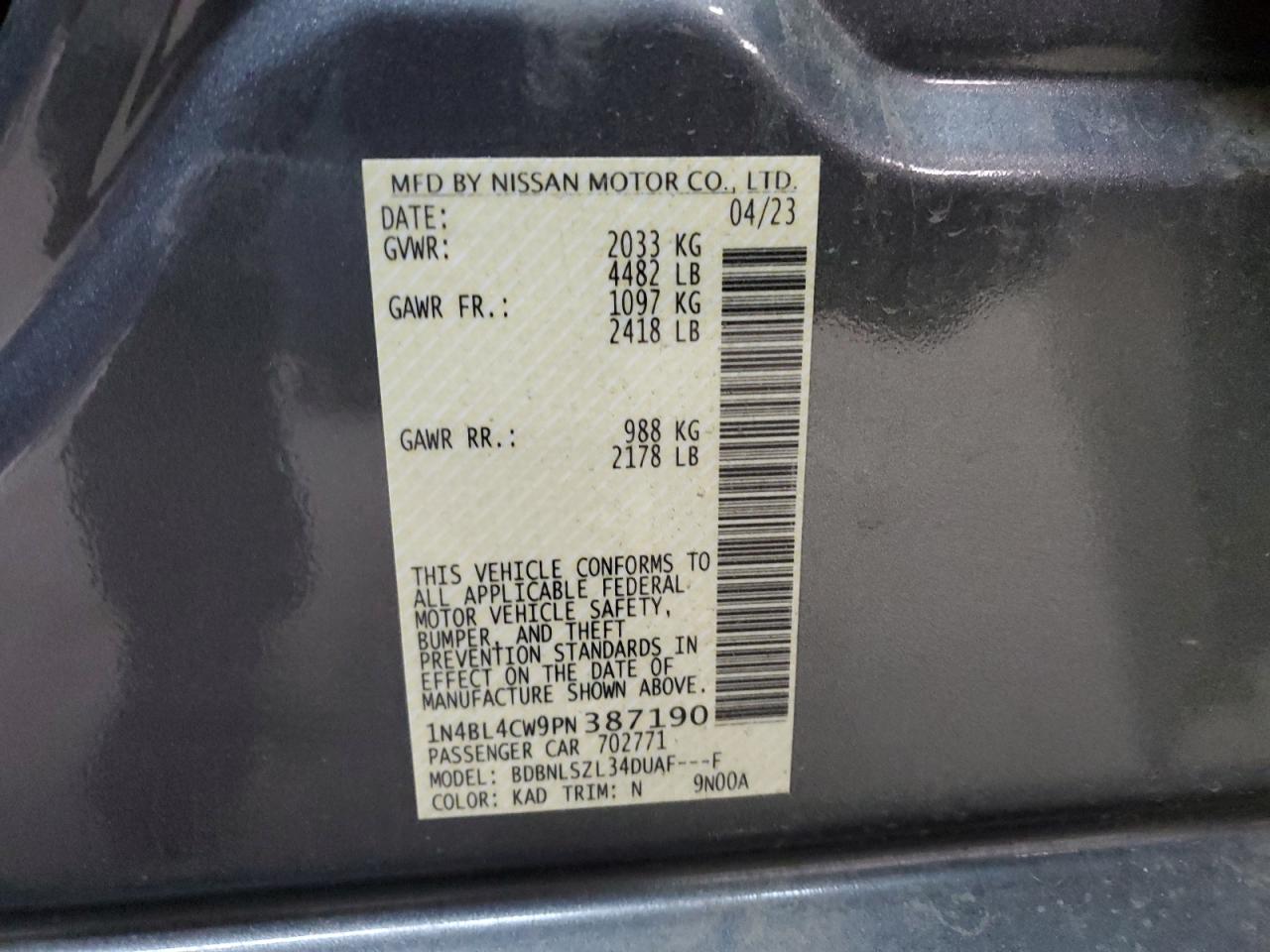 2023 NISSAN ALTIMA SR VIN:1N4BL4CW9PN387190