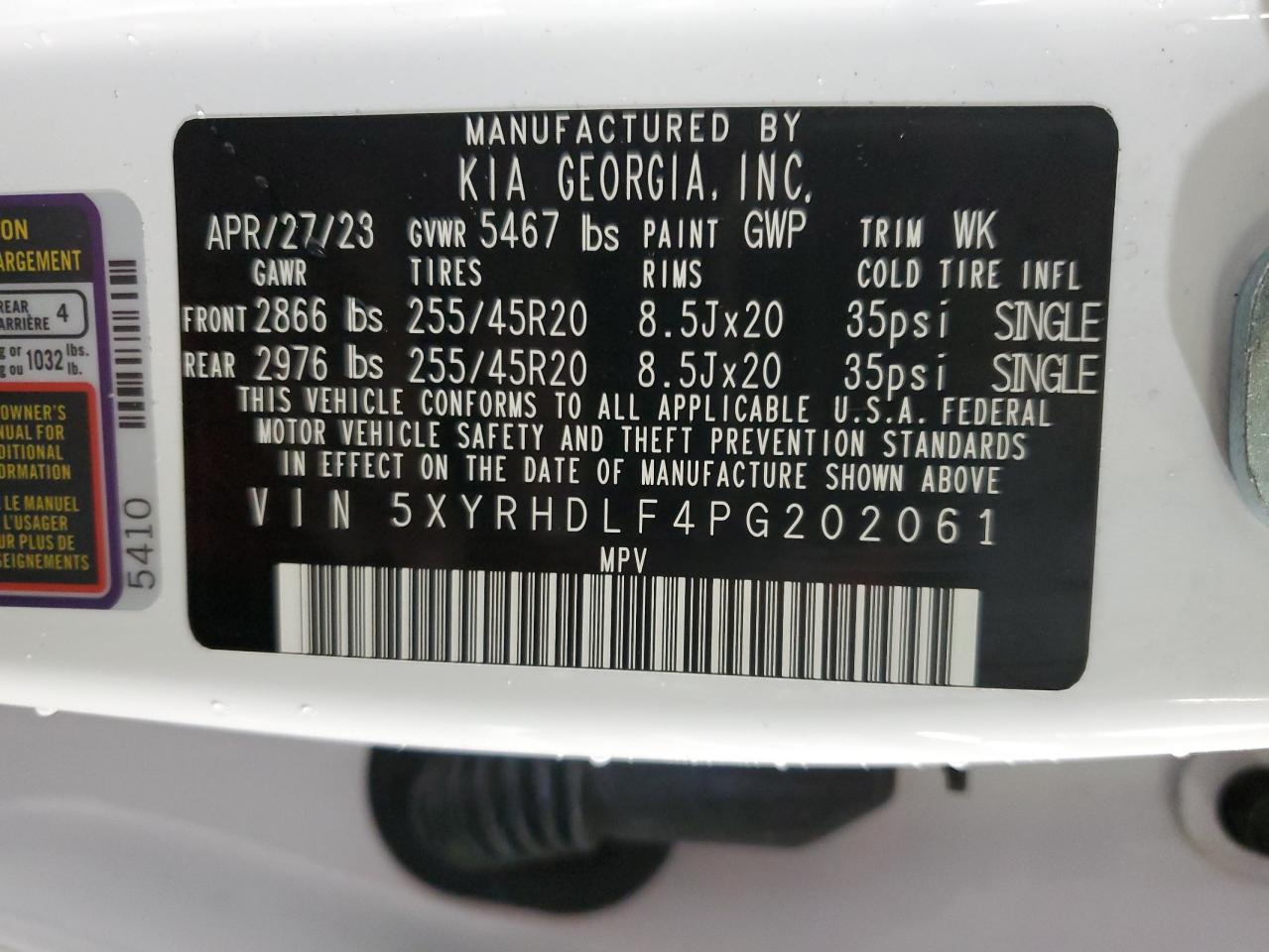 2023 KIA SORENTO EX VIN:5XYRHDLF4PG202061