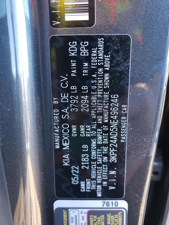 2022 KIA FORTE FE VIN:3KPF24AD5NE496246