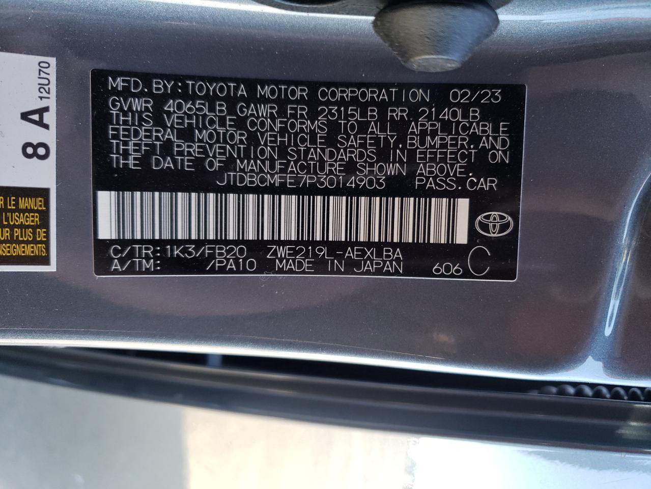 2023 TOYOTA COROLLA LE VIN:JTDBCMFE7P3014903