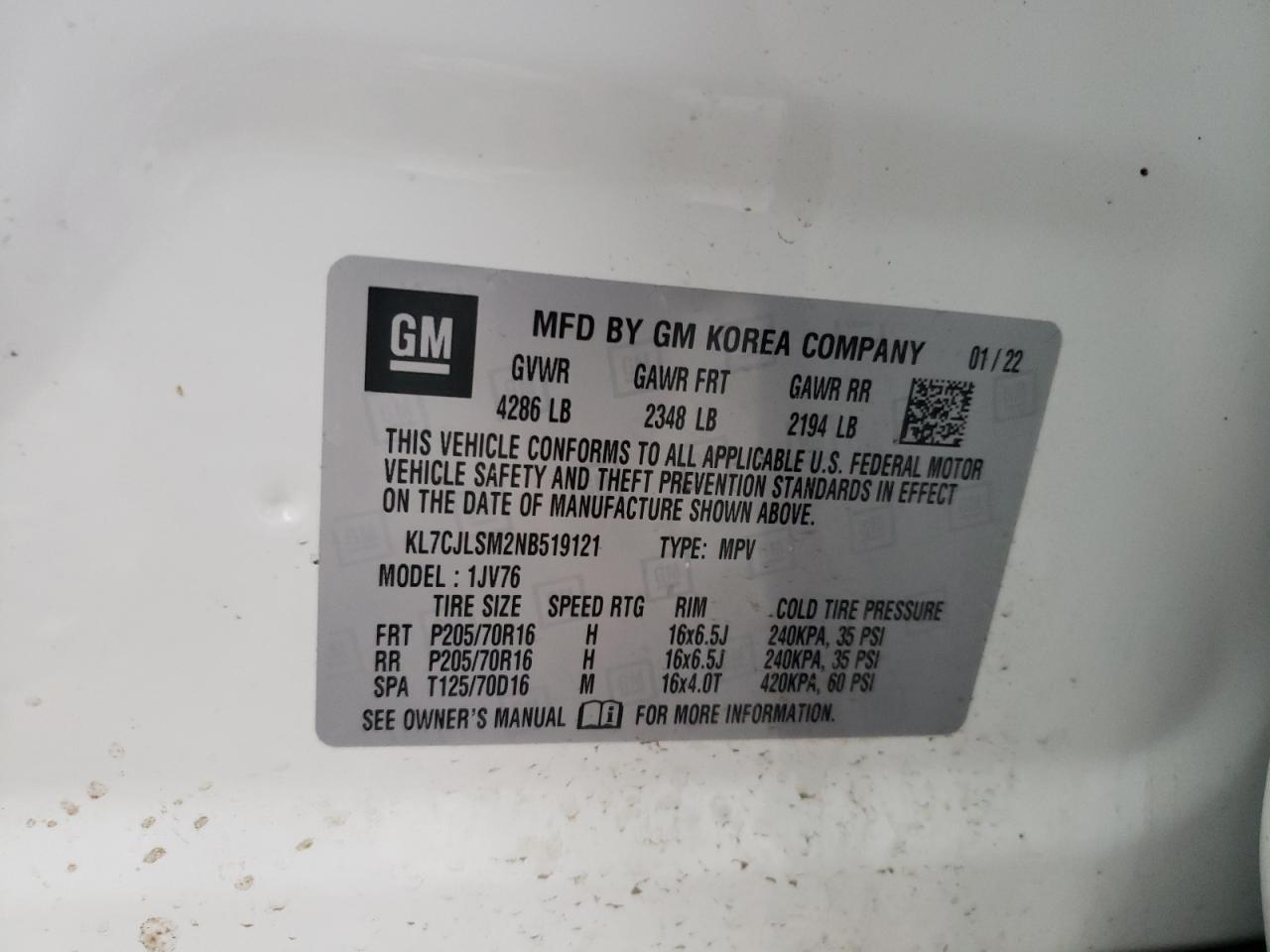 2022 CHEVROLET TRAX 1LT VIN:KL7CJLSM2NB519121