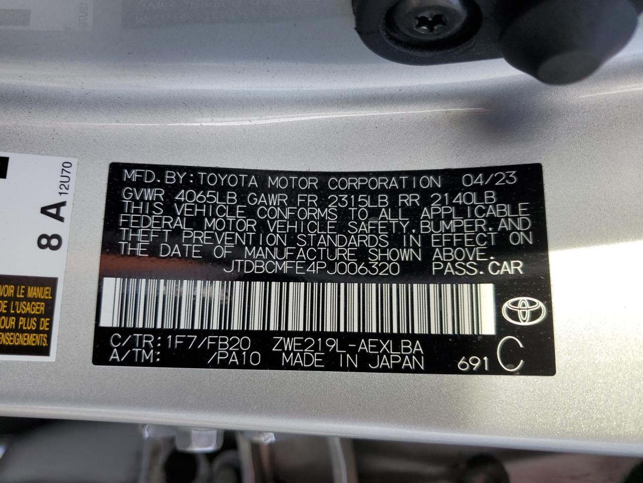 2023 TOYOTA COROLLA LE VIN:JTDBCMFE4PJ006320