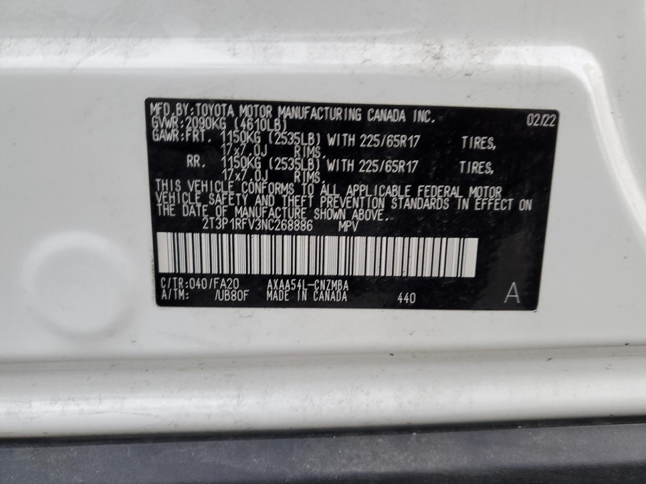 2022 TOYOTA RAV4 XLE VIN:2T3P1RFV3NC268886