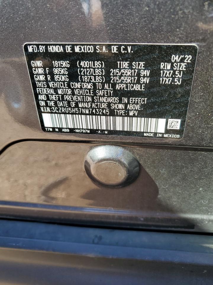 2022 HONDA HR-V EX VIN:3CZRU5H57NM743245