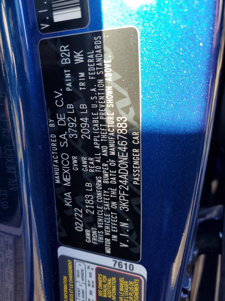 2022 KIA FORTE FE VIN:3KPF24AD0NE467883