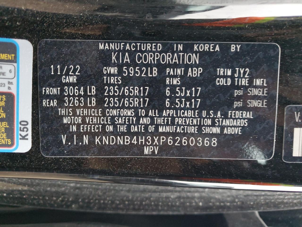 2023 KIA CARNIVAL LX VIN:KNDNB4H3XP6260368