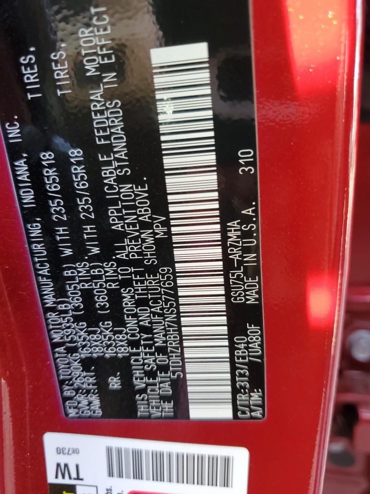 2022 TOYOTA HIGHLANDER XLE VIN:5TDHZRBH7NS577659