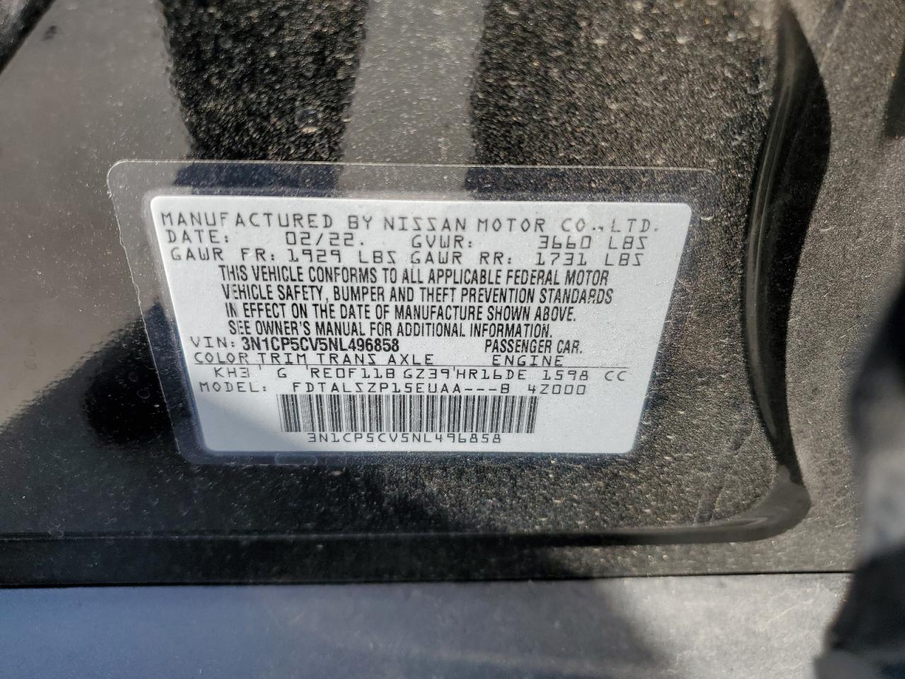 2022 NISSAN KICKS SV VIN:3N1CP5CV5NL496858