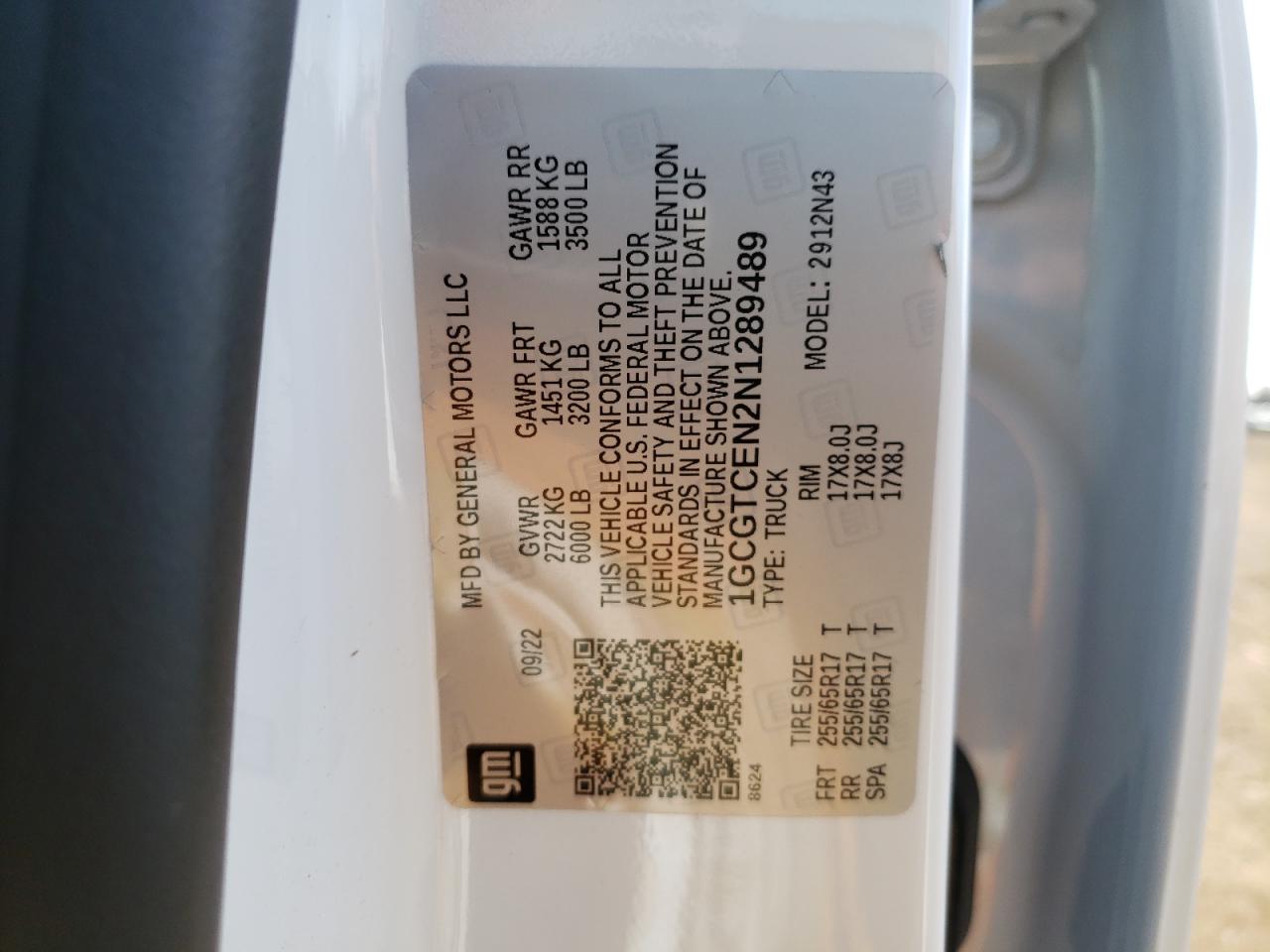 2022 CHEVROLET COLORADO LT VIN:1GCGTCEN2N1289489