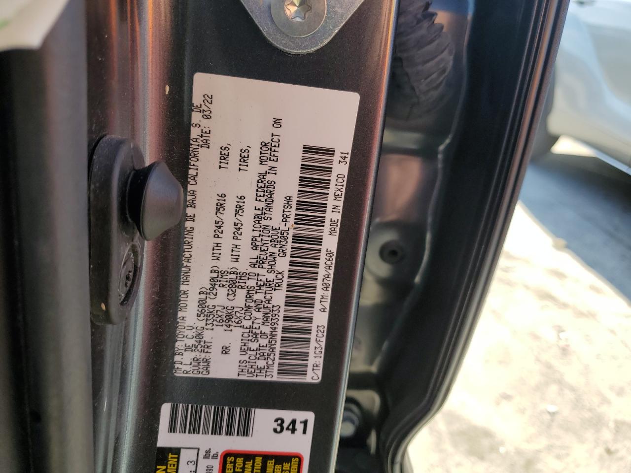 2022 TOYOTA TACOMA DOUBLE CAB VIN:3TMCZ5AN5NM493933