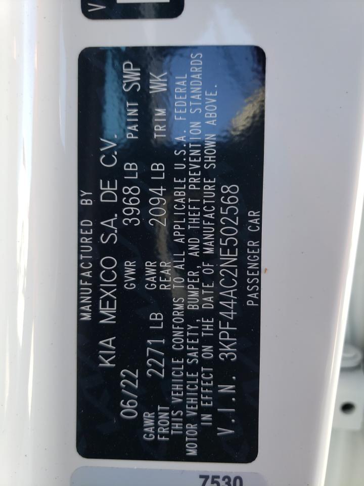 2022 KIA FORTE GT VIN:3KPF44AC2NE502568