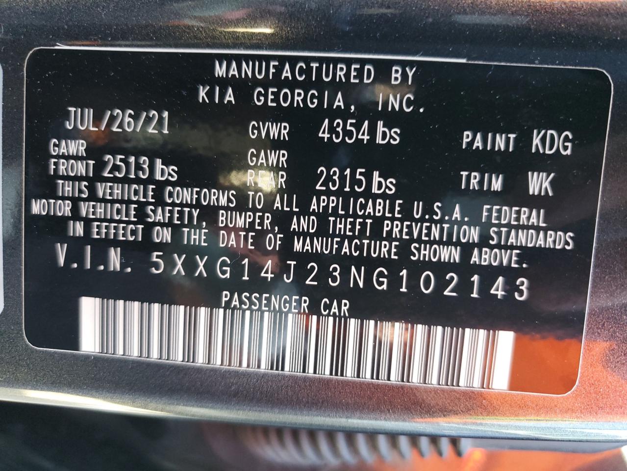 2022 KIA K5 LXS VIN:5XXG14J23NG102143