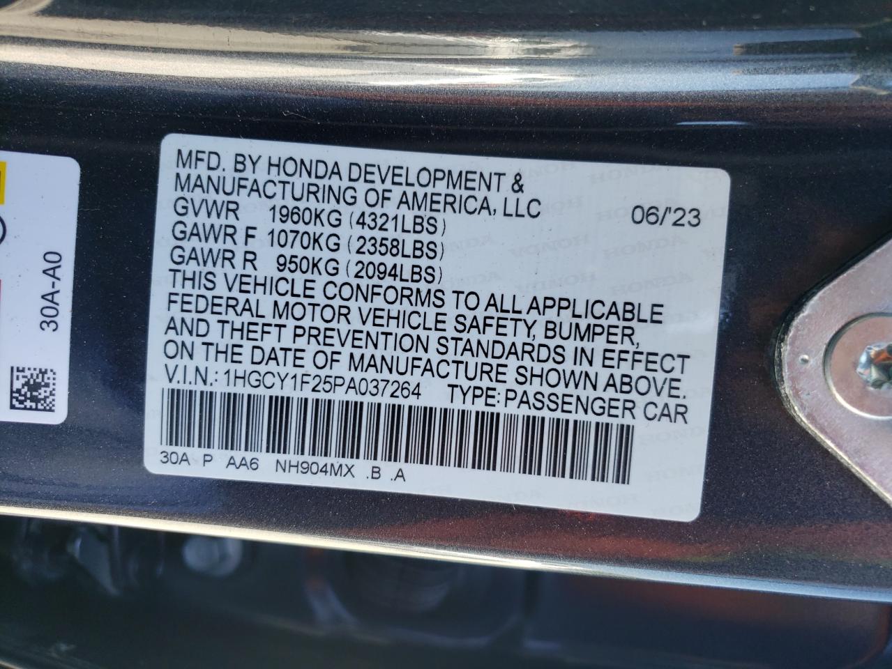 2023 HONDA ACCORD LX VIN:1HGCY1F25PA037264