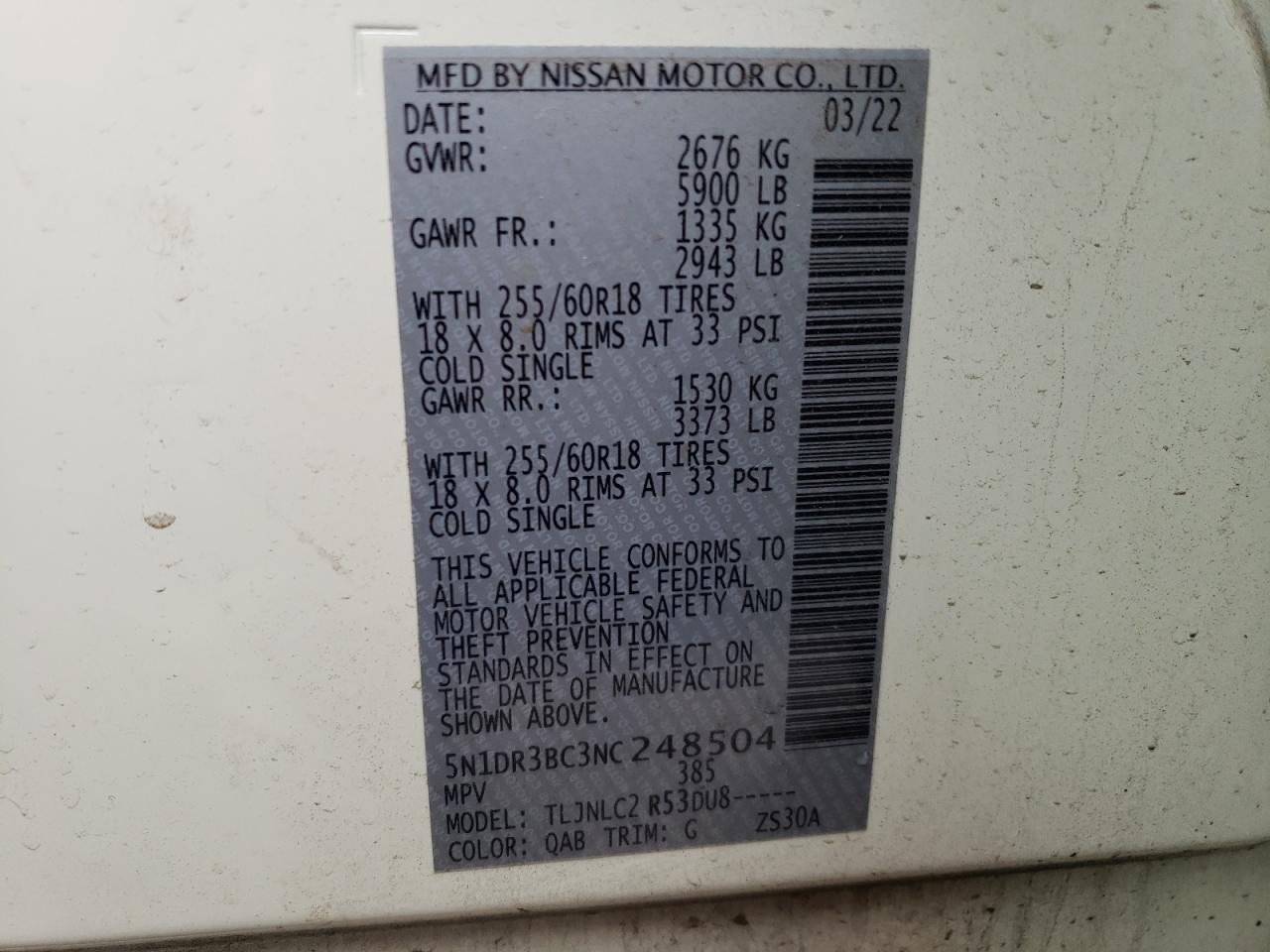 2022 NISSAN PATHFINDER SV VIN:5N1DR3BC3NC248504