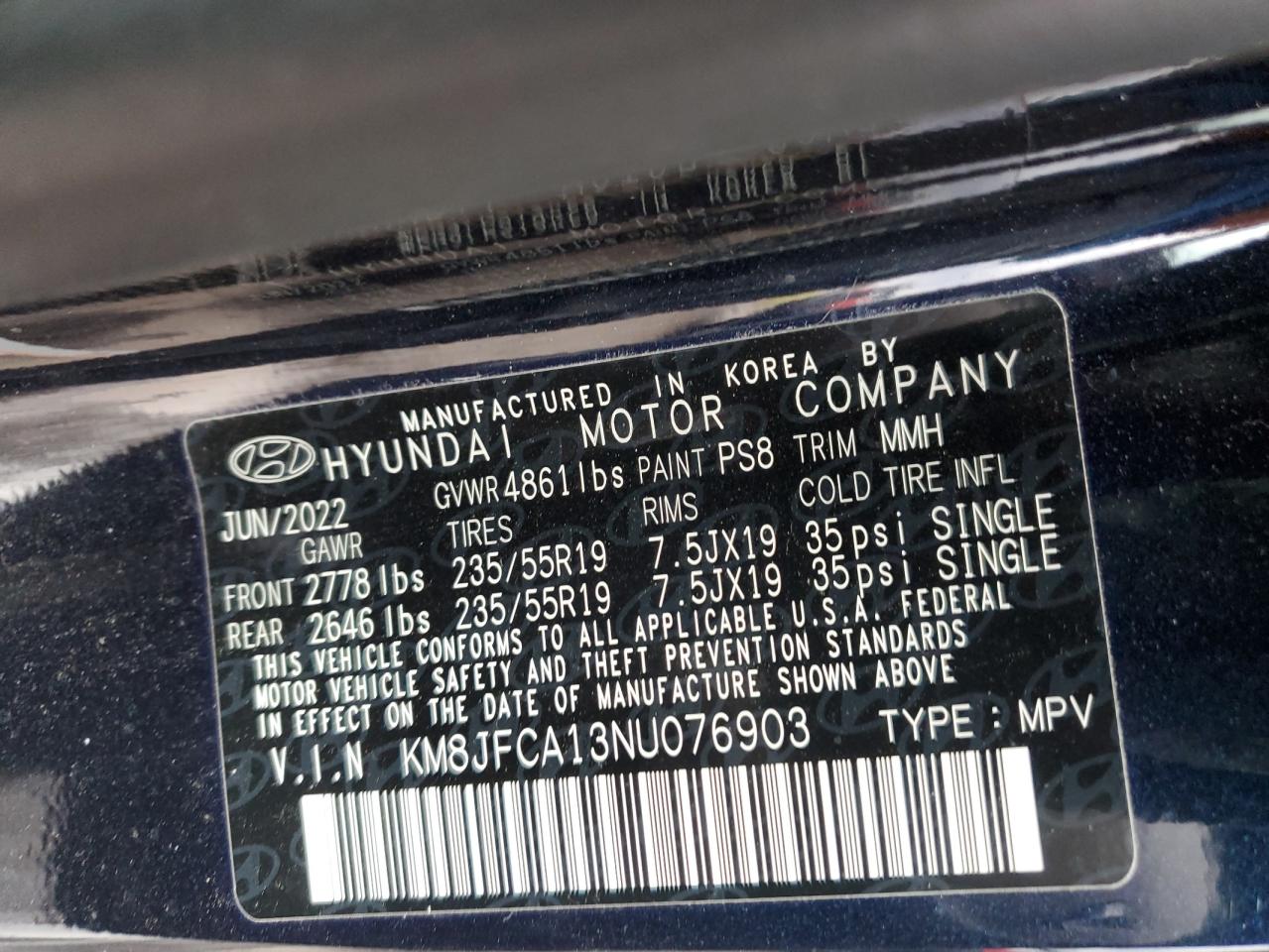 2022 HYUNDAI TUCSON SEL CONVENIENCE VIN:KM8JFCA13NU076903