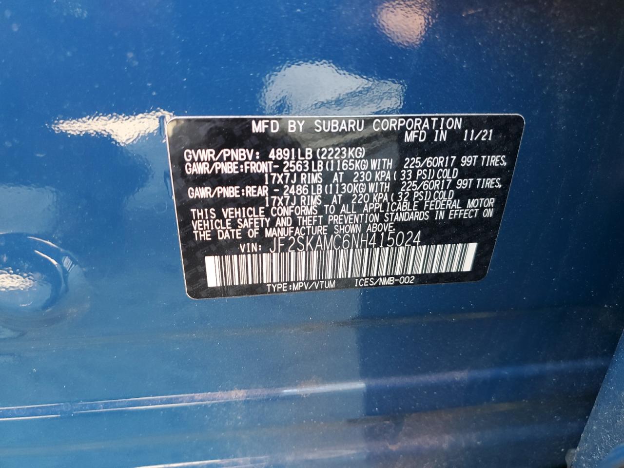 2022 SUBARU FORESTER WILDERNESS VIN:JF2SKAMC6NH415024