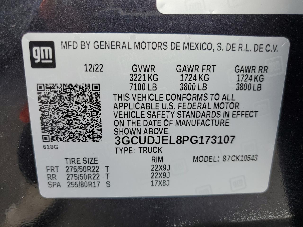 2023 CHEVROLET SILVERADO K1500 HIGH COUNTRY VIN:3GCUDJEL8PG173107