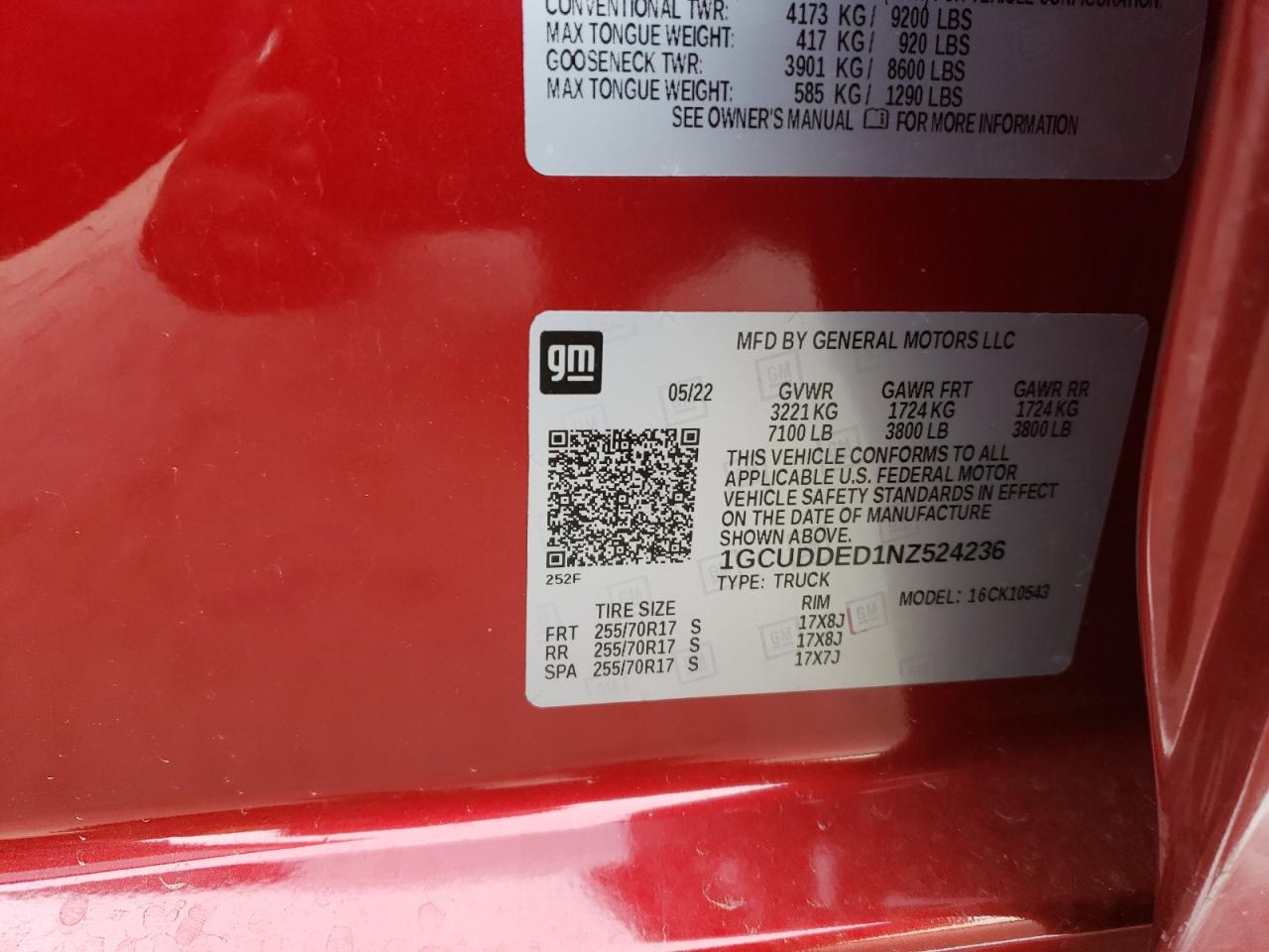 2022 CHEVROLET SILVERADO K1500 LT VIN:1GCUDDED1NZ524236