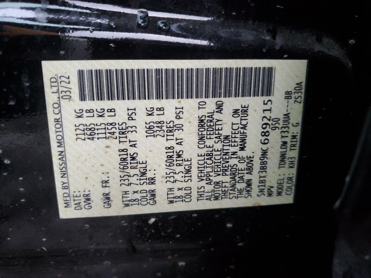 2022 NISSAN ROGUE SV VIN:5N1BT3BB9NC689215