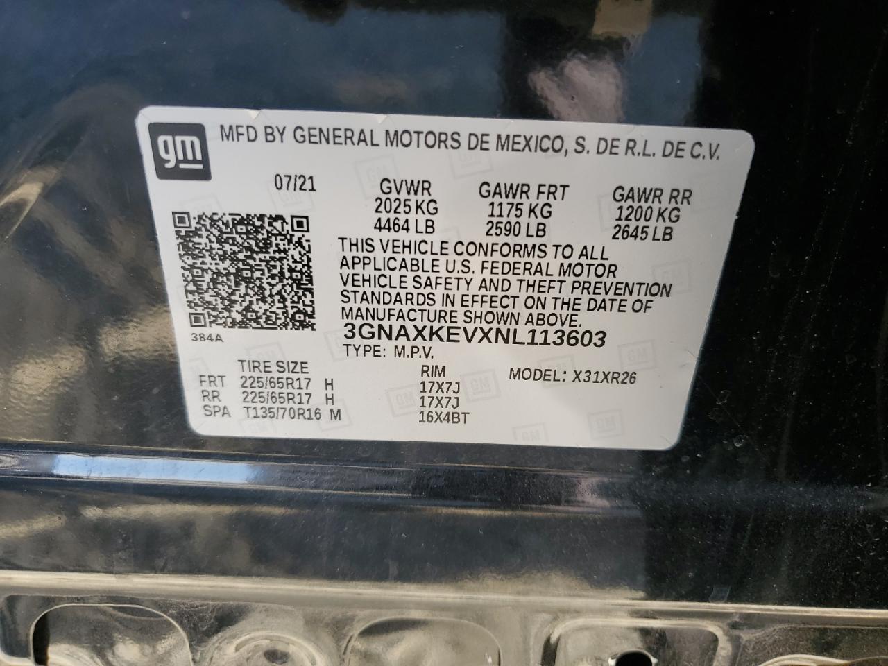 2022 CHEVROLET EQUINOX LT VIN:3GNAXKEVXNL113603