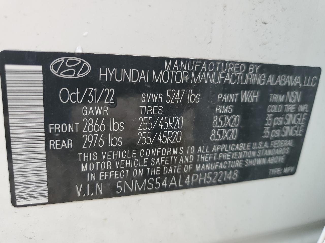 2023 HYUNDAI SANTA FE CALLIGRAPHY VIN:5NMS54AL4PH522148