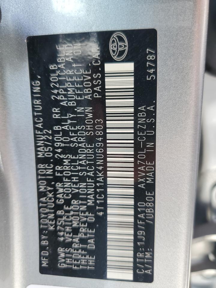 2022 TOYOTA CAMRY LE VIN:4T1C11AK4NU694803