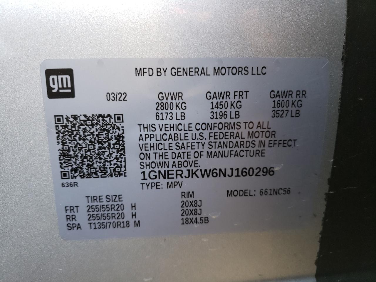 2022 CHEVROLET TRAVERSE RS VIN:1GNERJKW6NJ160296