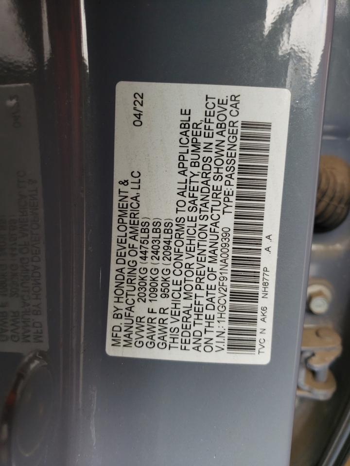 2022 HONDA ACCORD TOURING VIN:1HGCV2F91NA009390