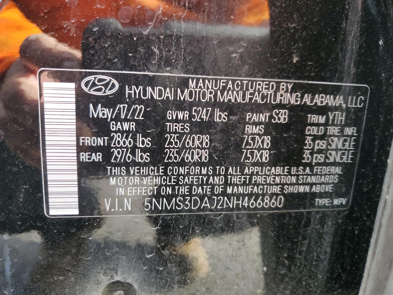 2022 HYUNDAI SANTA FE SEL VIN:5NMS3DAJ2NH466860