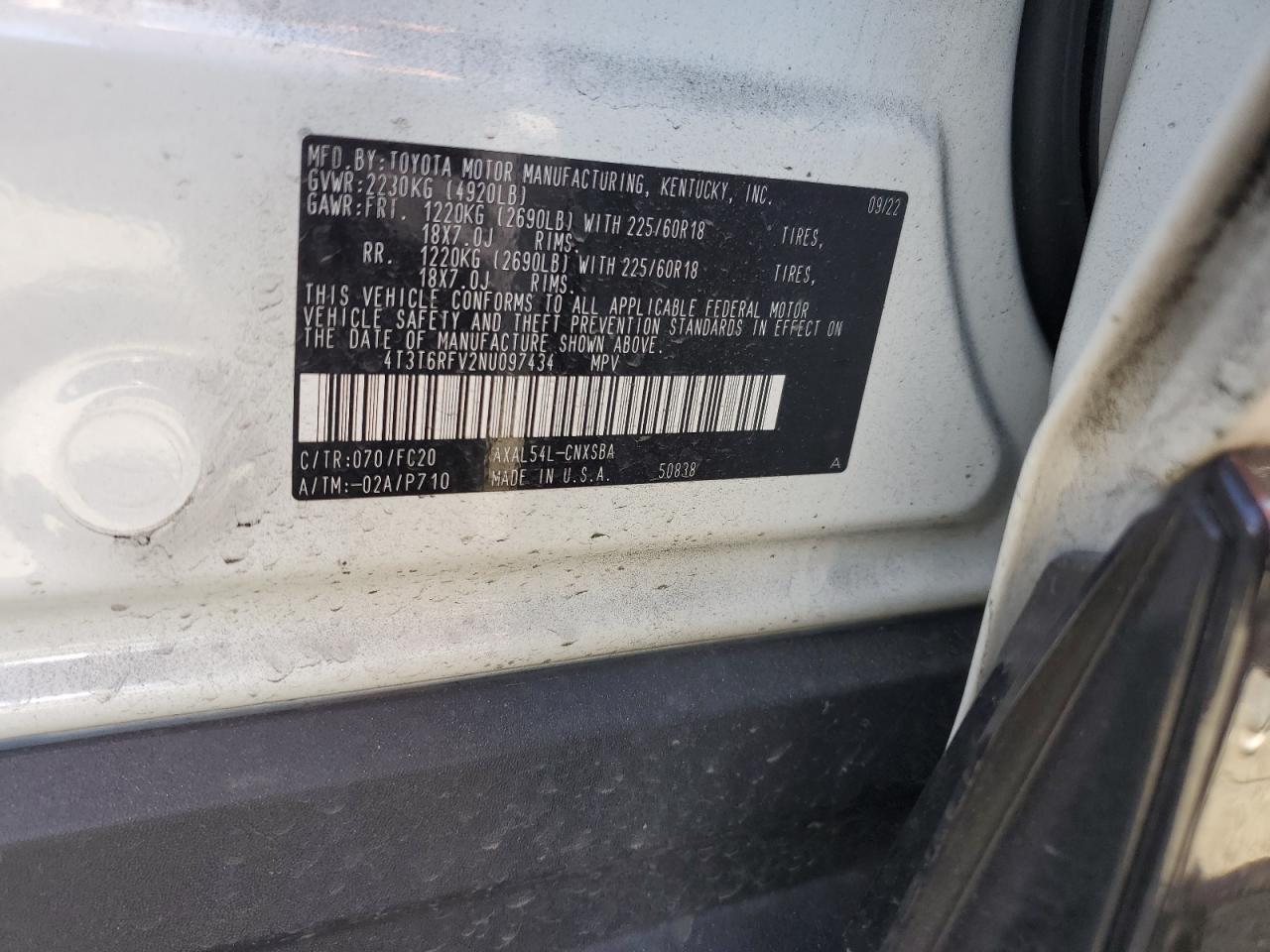 2022 TOYOTA RAV4 SE VIN:4T3T6RFV2NU097434