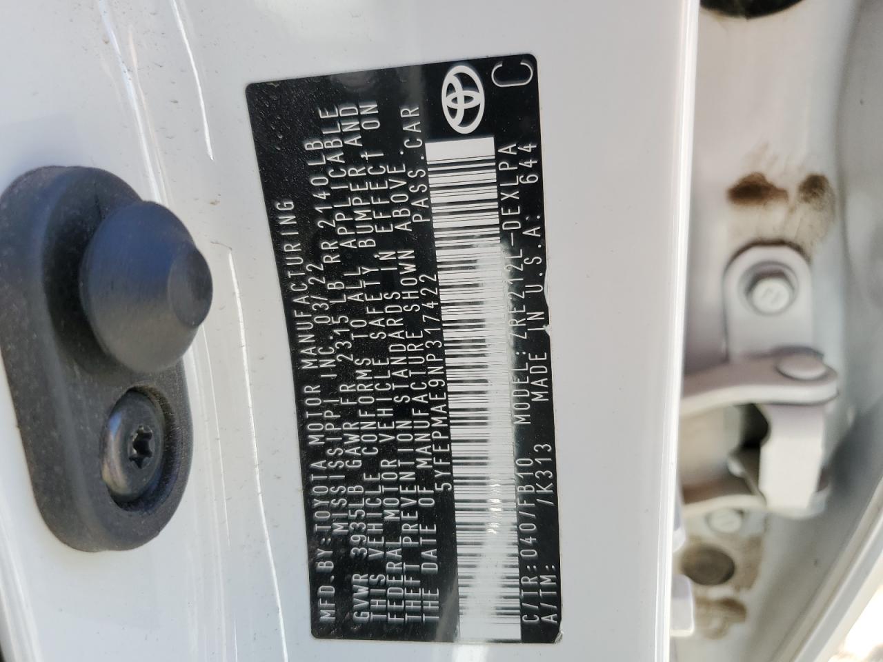 2022 TOYOTA COROLLA LE VIN:5YFEPMAE9NP317422