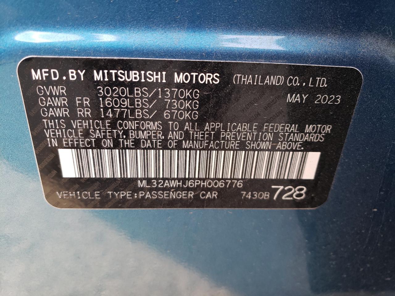 2023 MITSUBISHI MIRAGE SE VIN:ML32AWHJ6PH006776